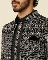 Manyavar Men Deep Black Self Patterned Indo Western Set