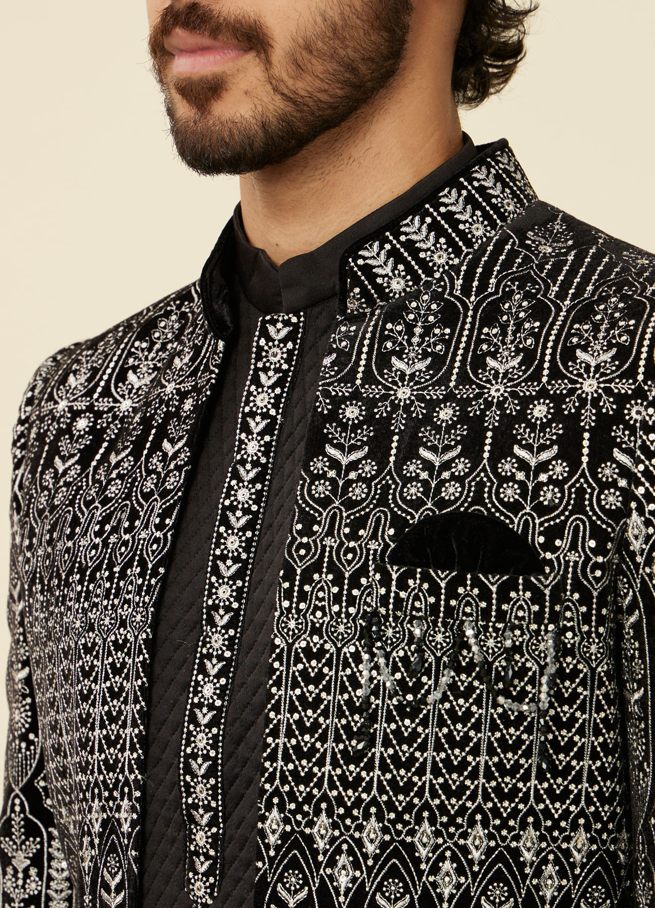 Manyavar Men Deep Black Self Patterned Indo Western Set