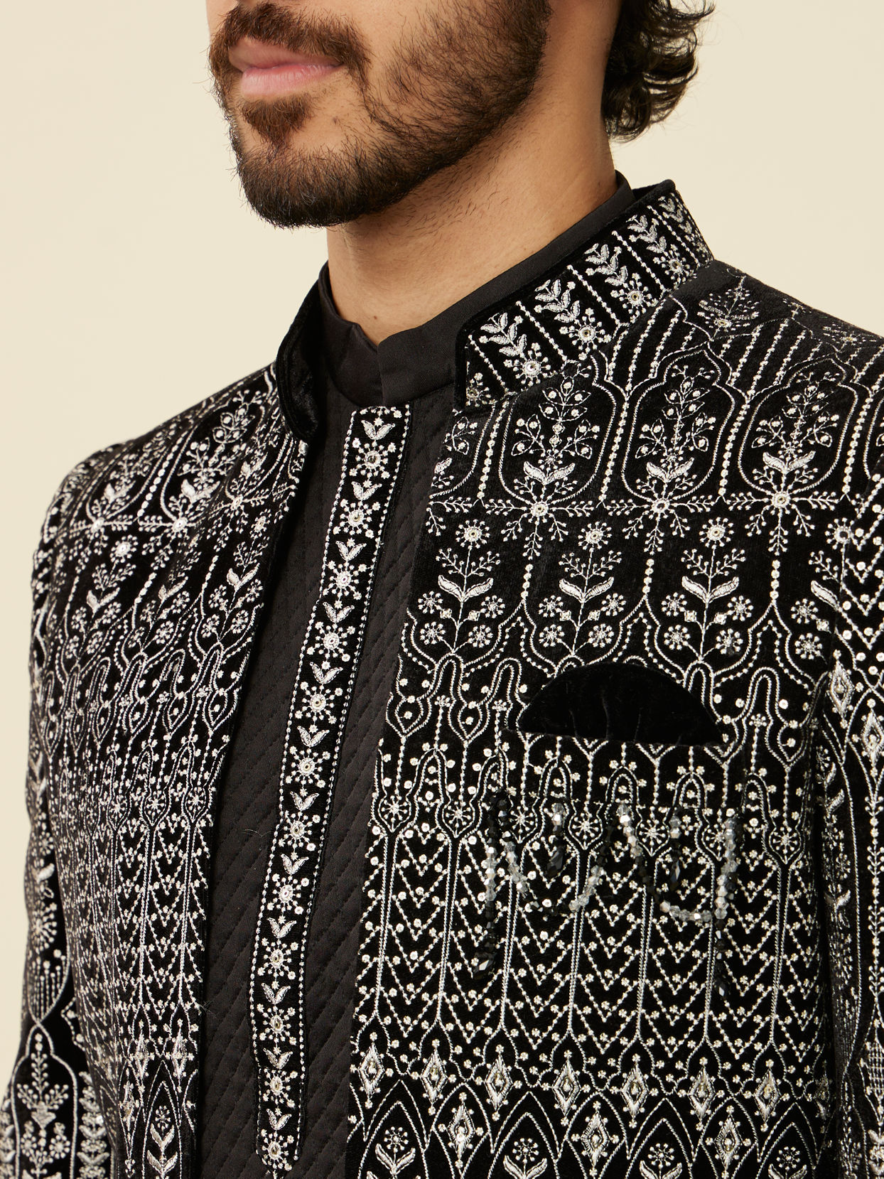 alt message - Manyavar Men Deep Black Self Patterned Indo Western Set image number 1