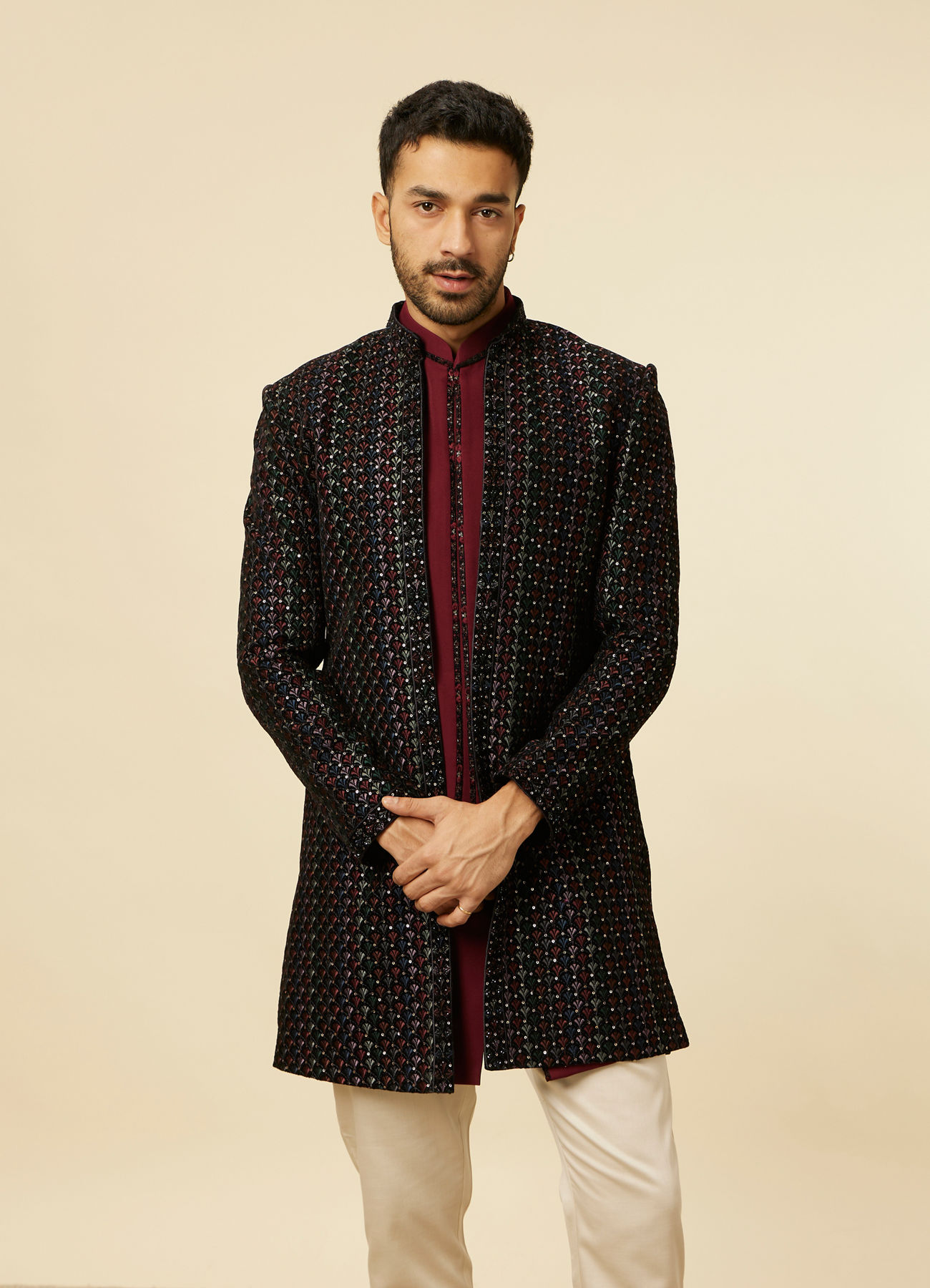 Manyavar Men Regal Black Indo Western Set