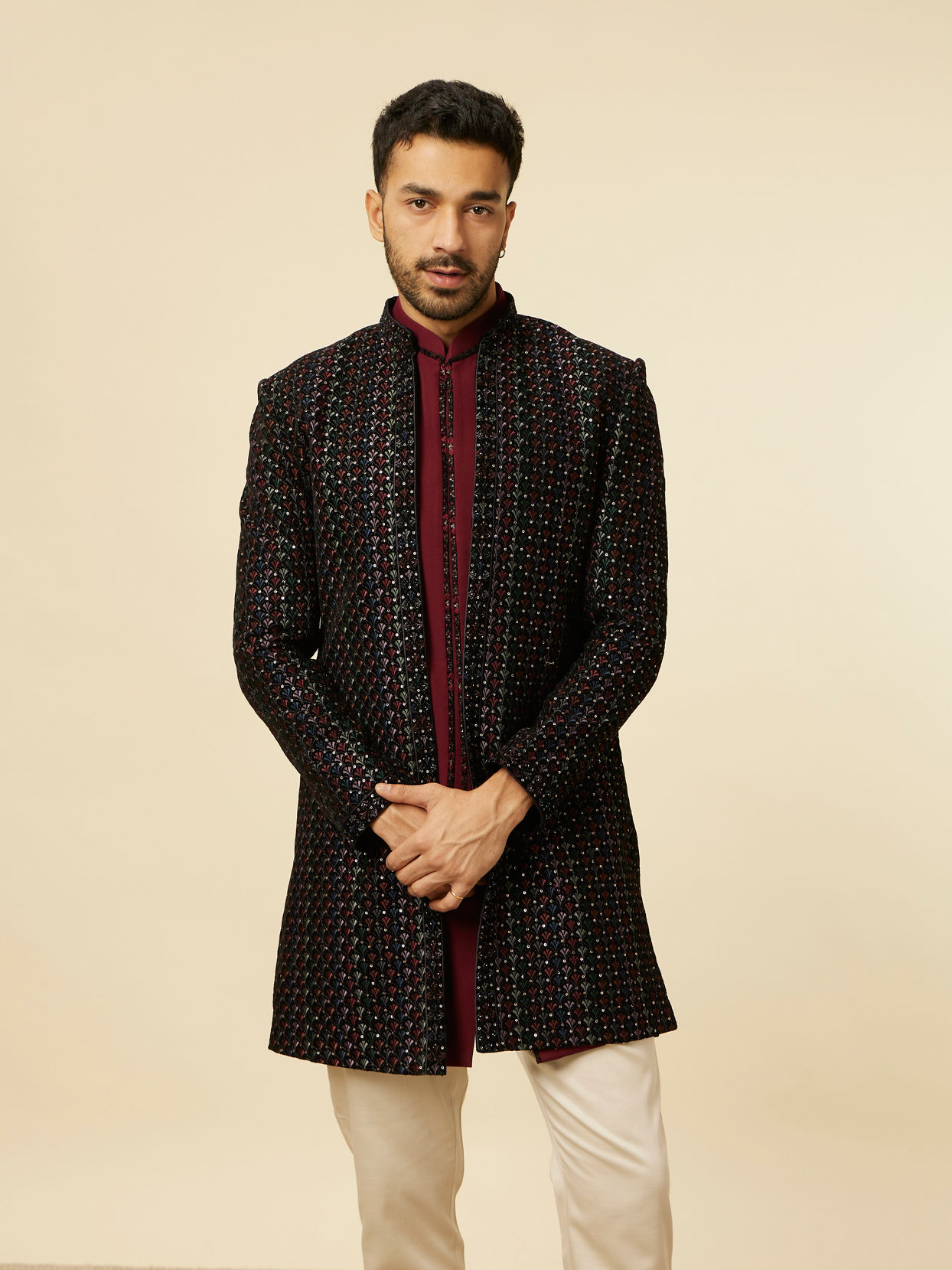 alt message - Manyavar Men Regal Black Indo Western Set image number 0