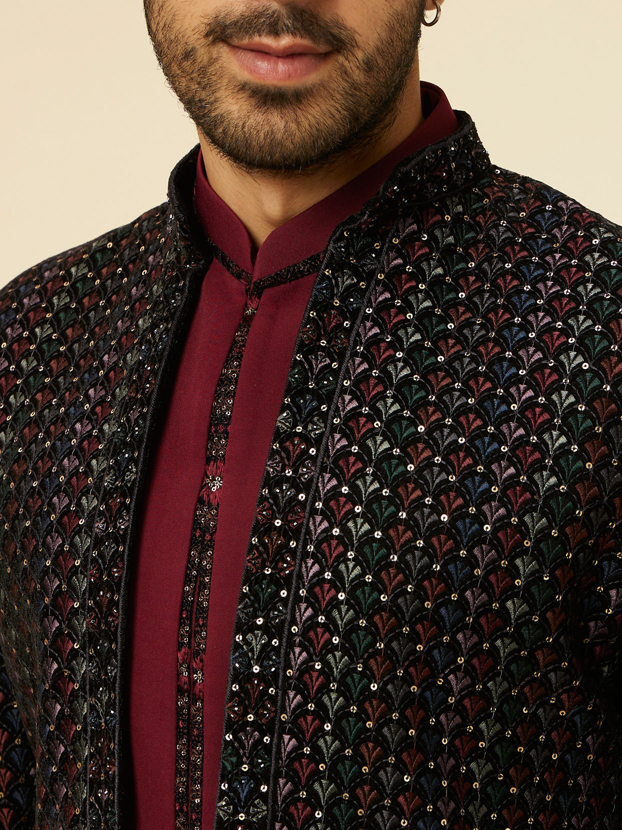 Manyavar Men Regal Black Indo Western Set