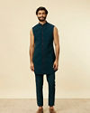 alt message - Manyavar Men Dark Blue-Teal Blue Indo Western Set image number 2