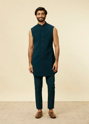 Manyavar Men Dark Blue-Teal Blue Indo Western Set image number 2