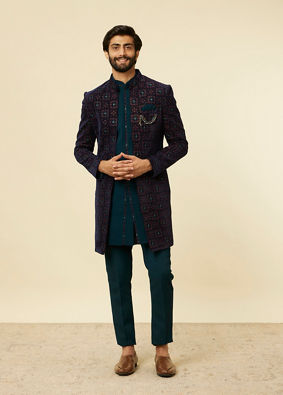 Manyavar Men Dark Blue-Teal Blue Indo Western Set image number 3