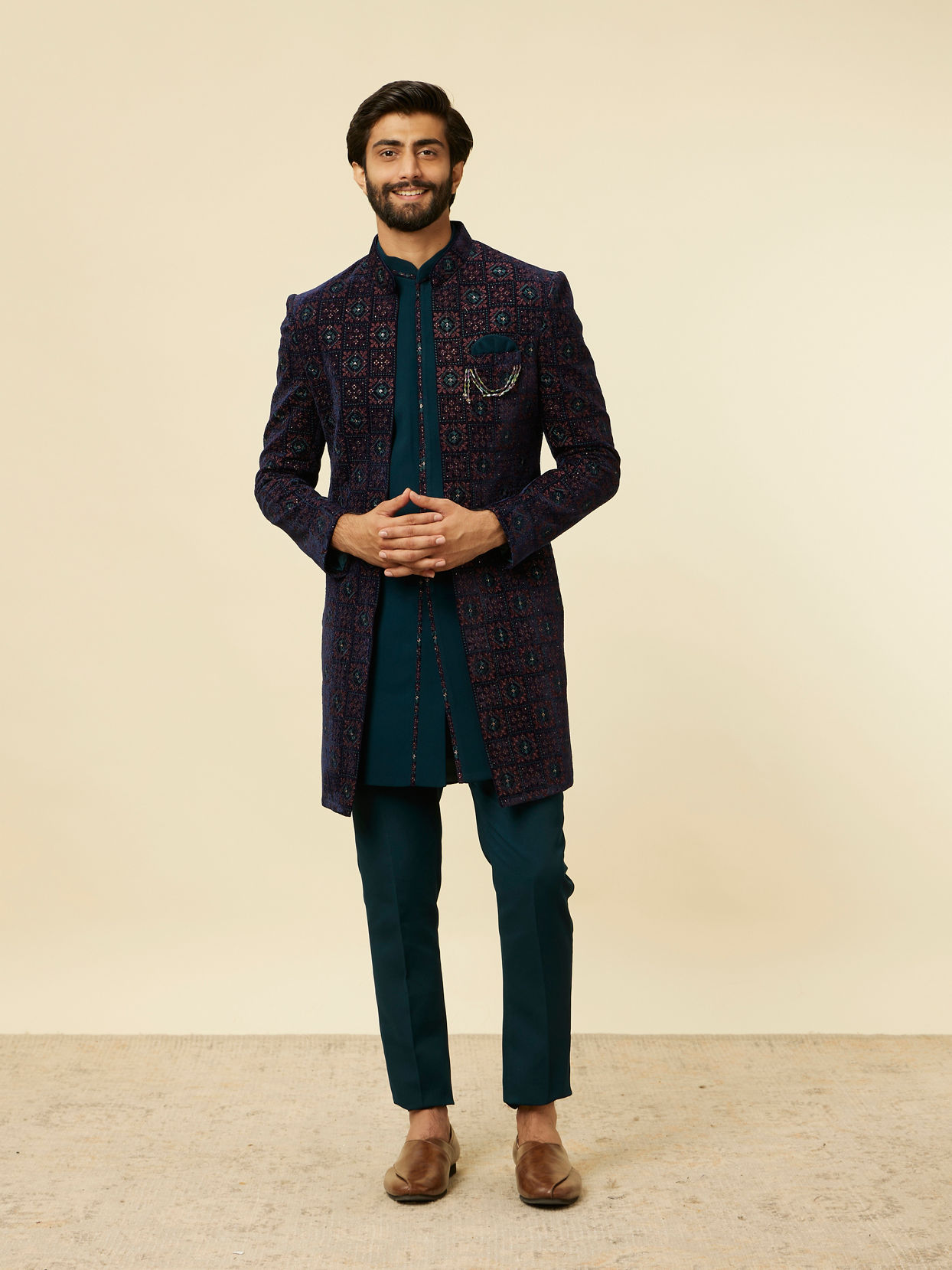 alt message - Manyavar Men Dark Blue-Teal Blue Indo Western Set image number 3