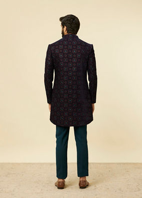 Manyavar Men Dark Blue-Teal Blue Indo Western Set image number 5