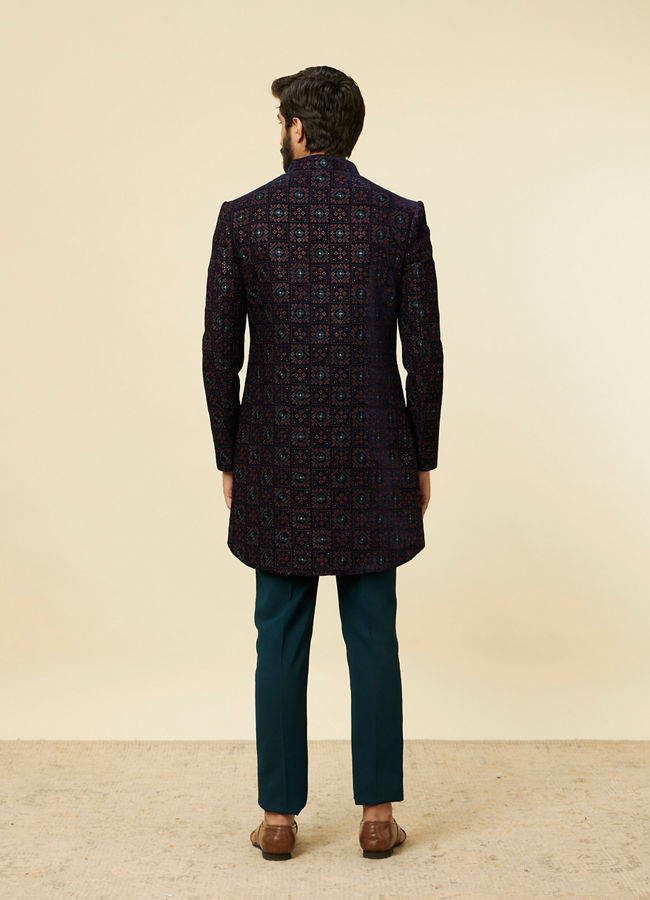 alt message - Manyavar Men Dark Blue-Teal Blue Indo Western Set image number 5