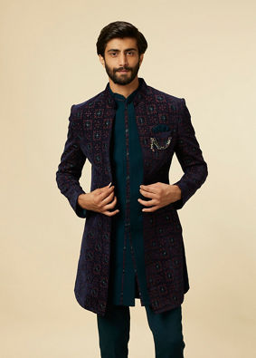 Manyavar Men Dark Blue-Teal Blue Indo Western Set image number 0