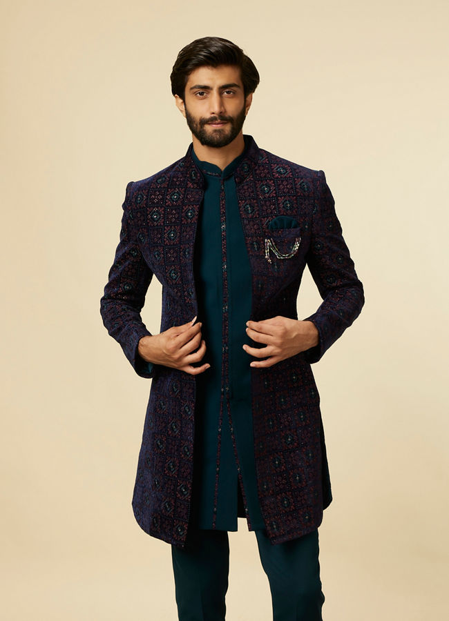 alt message - Manyavar Men Dark Blue-Teal Blue Indo Western Set image number 0