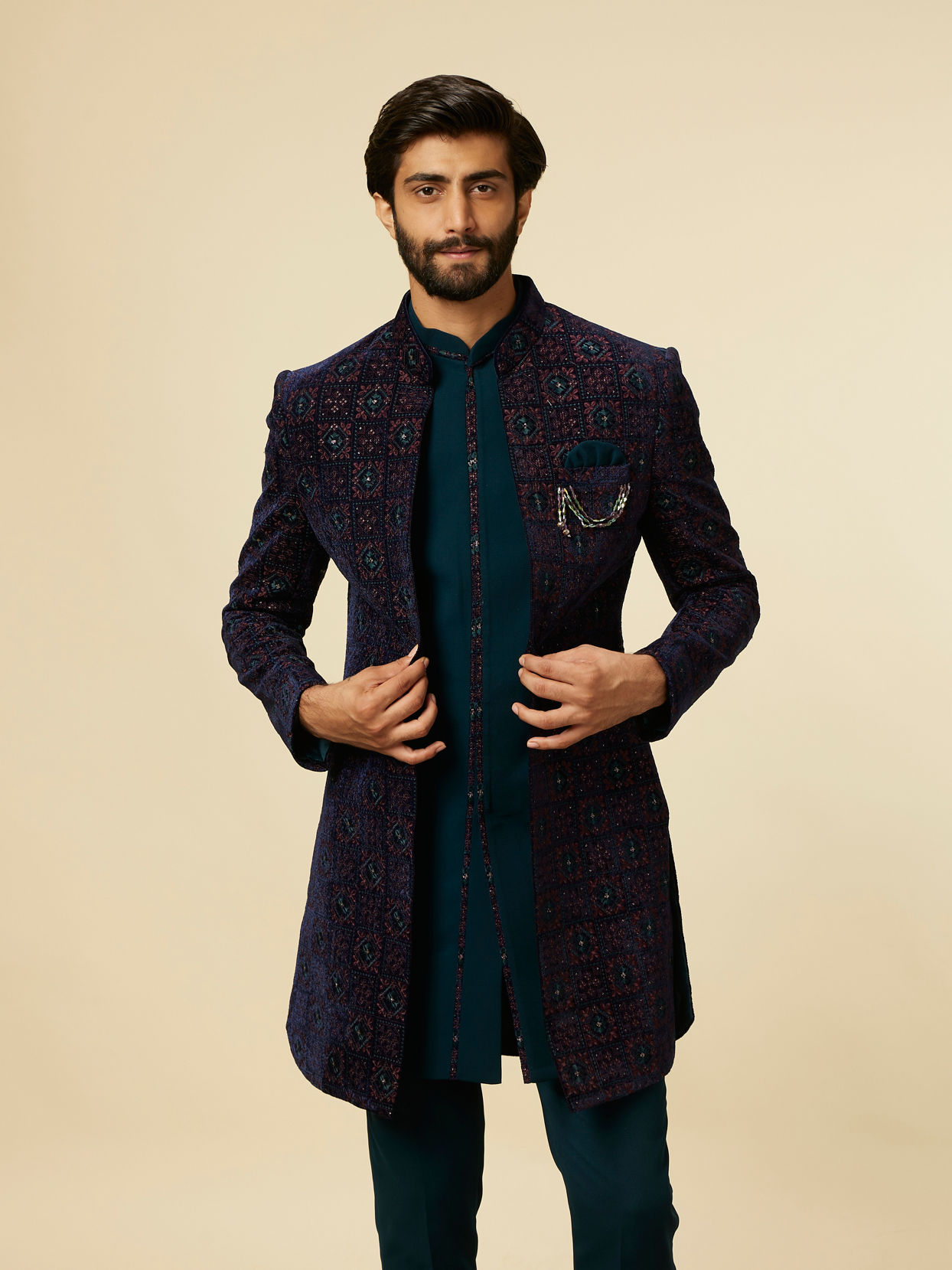 alt message - Manyavar Men Dark Blue-Teal Blue Indo Western Set image number 0