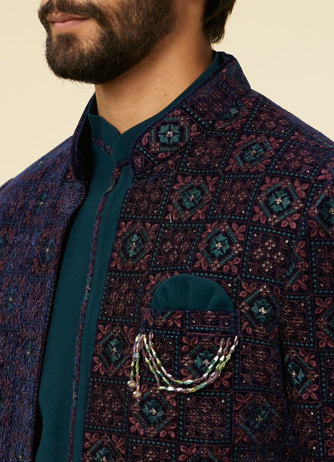 alt message - Manyavar Men Dark Blue-Teal Blue Indo Western Set image number 1