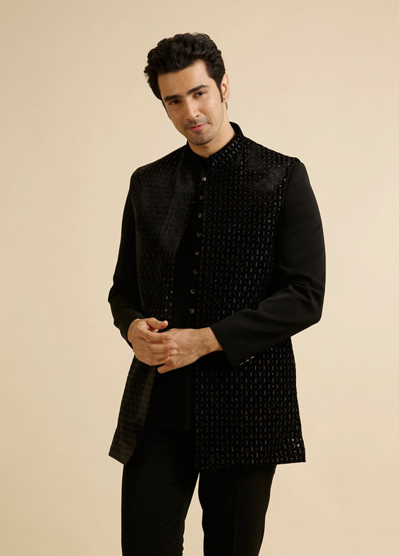 Manyavar Men Exquisite Black Velvet Indo Western