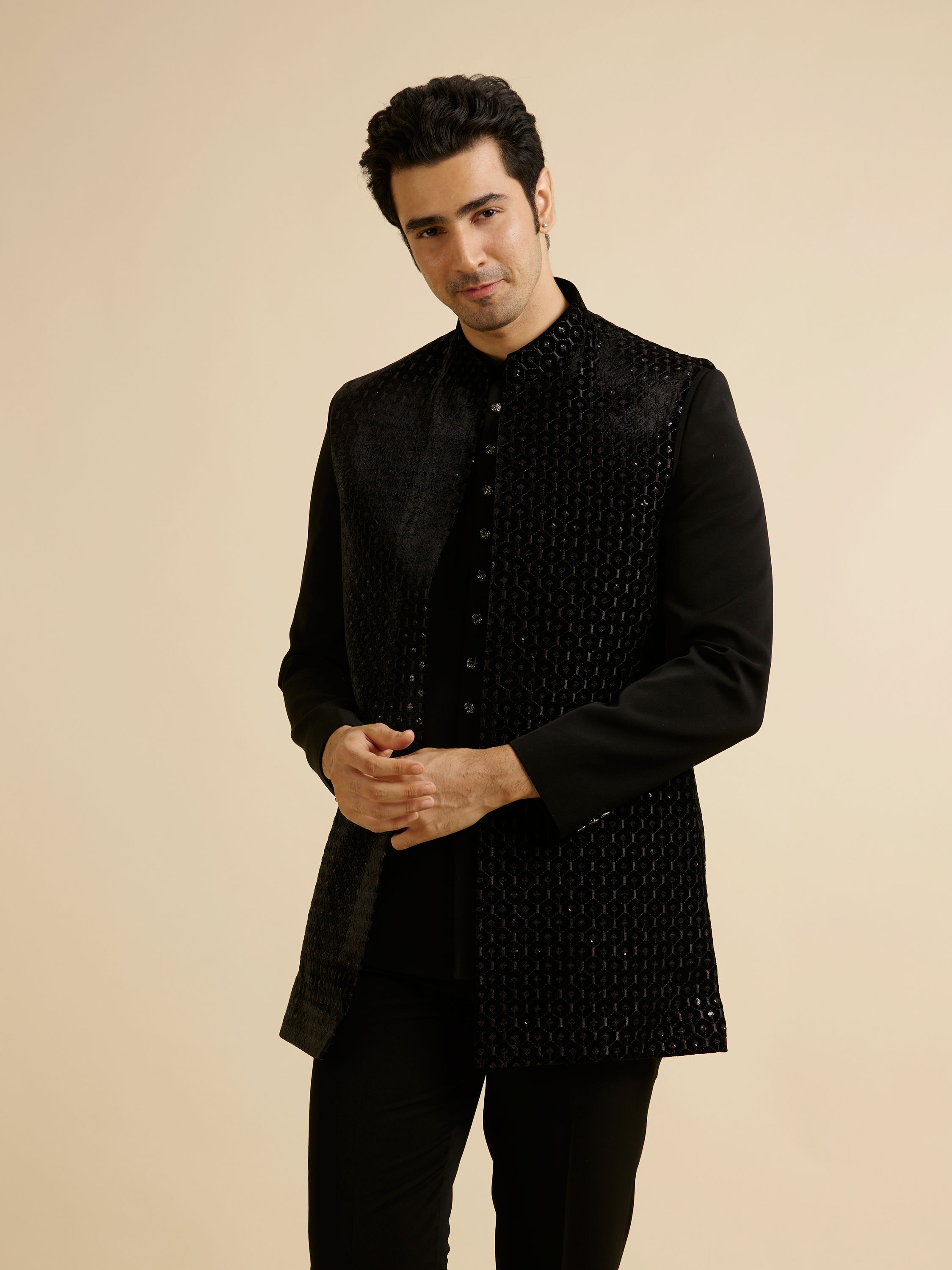 Manyavar Men Exquisite Black Velvet Indo Western