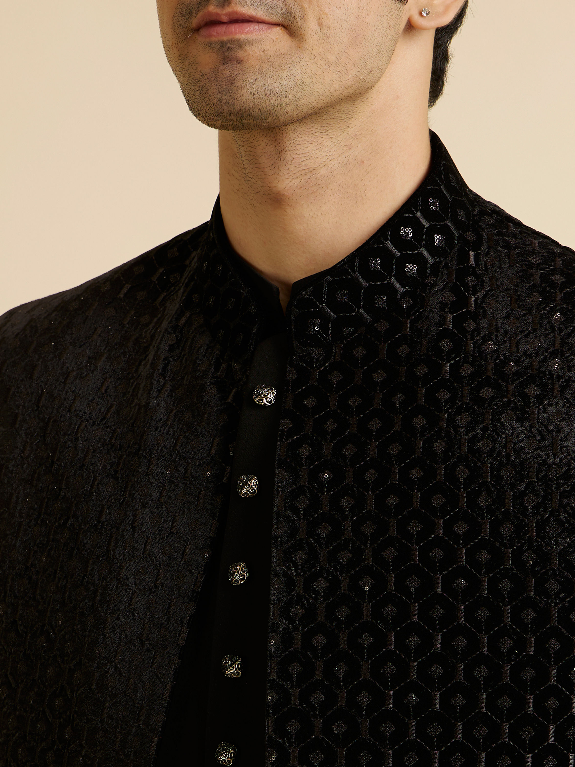 Manyavar Men Exquisite Black Velvet Indo Western