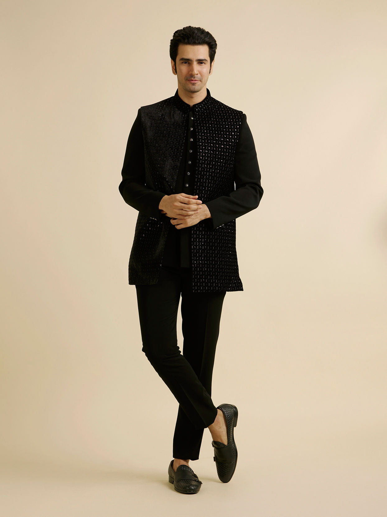 Manyavar Men Exquisite Black Velvet Indo Western