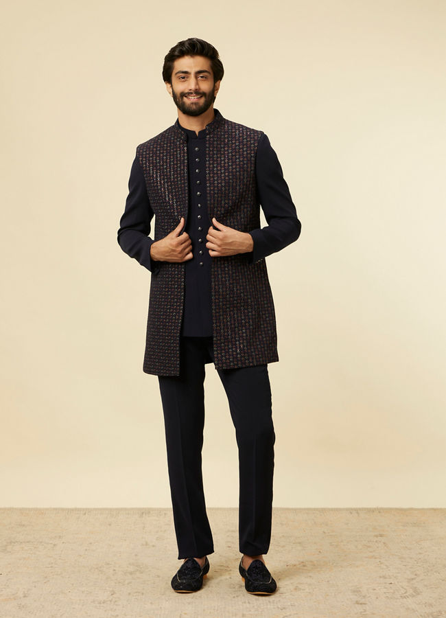 Manyavar Men Dark Blue Self Patterned Indo Western Set