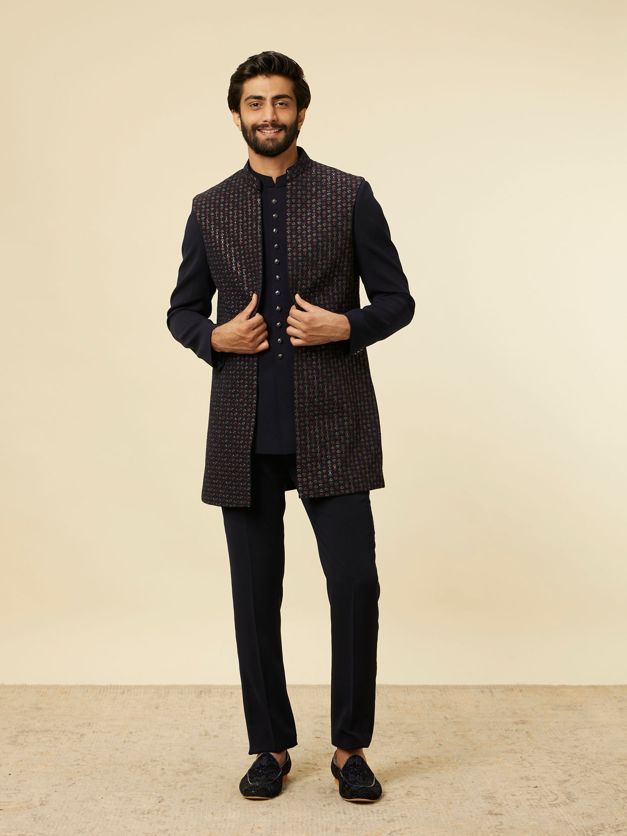 Manyavar Men Dark Blue Self Patterned Indo Western Set