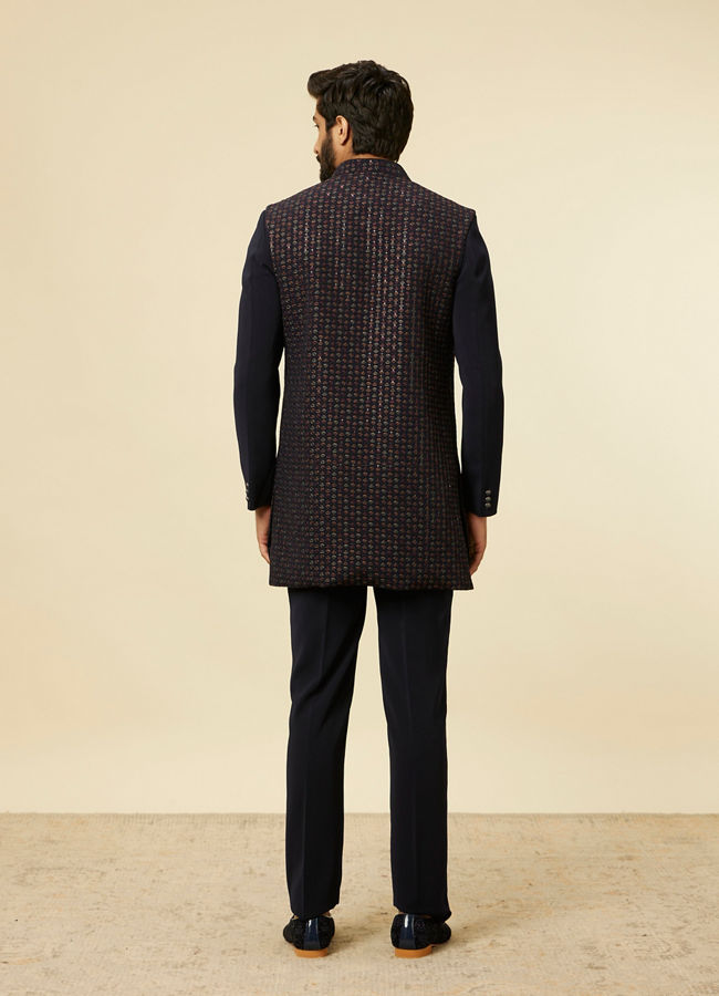 Manyavar Men Dark Blue Self Patterned Indo Western Set