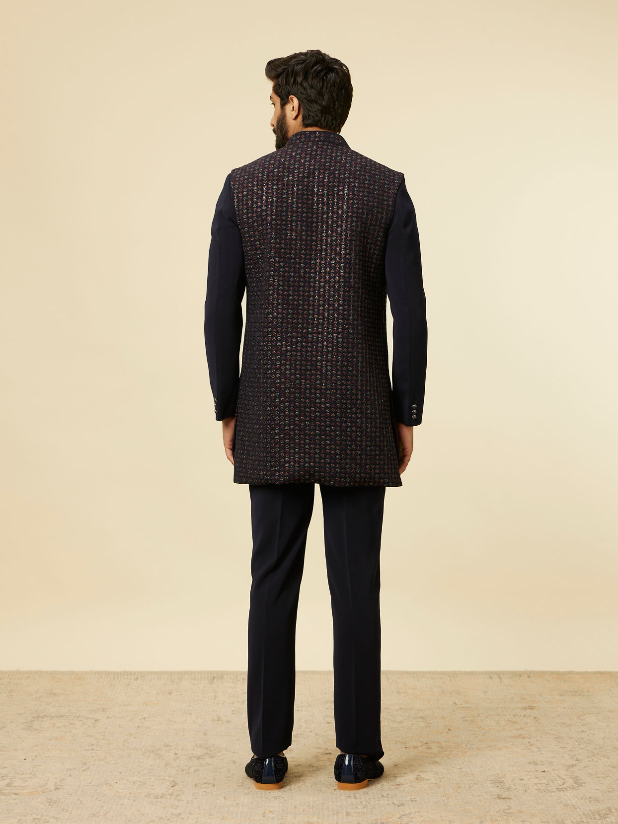 Manyavar Men Dark Blue Self Patterned Indo Western Set