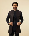 Manyavar Men Dark Blue Self Patterned Indo Western Set