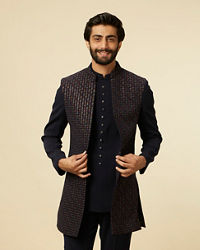 Manyavar Men Dark Blue Self Patterned Indo Western Set