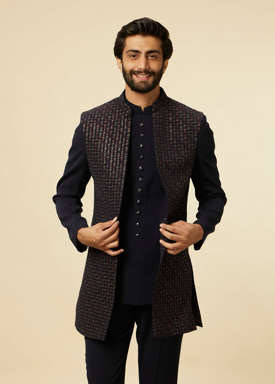 Manyavar Men Dark Blue Self Patterned Indo Western Set