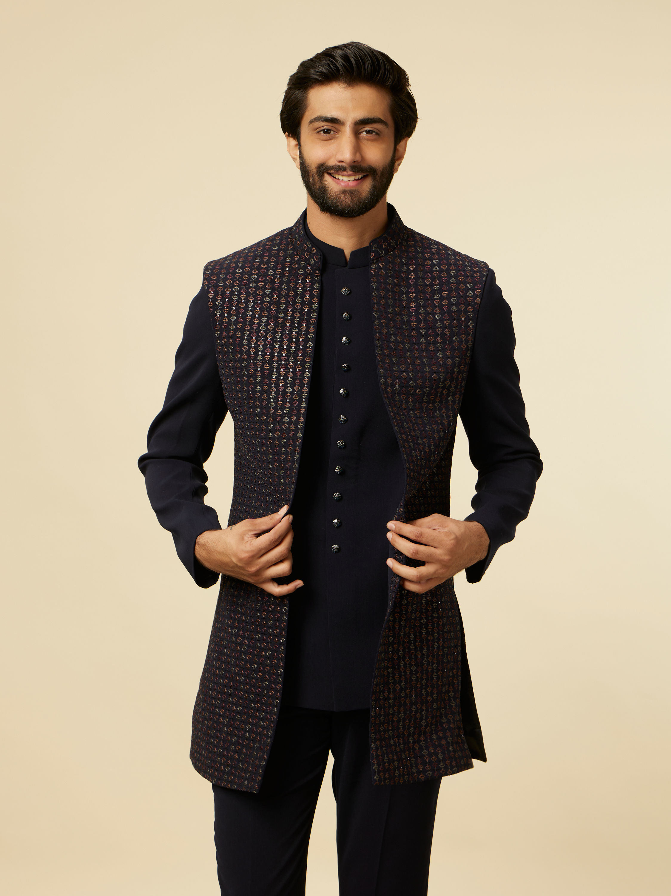 Manyavar Men Dark Blue Self Patterned Indo Western Set