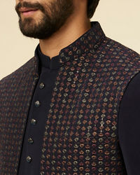 Manyavar Men Dark Blue Self Patterned Indo Western Set