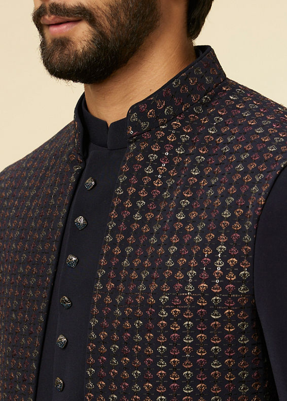 Manyavar Men Dark Blue Self Patterned Indo Western Set