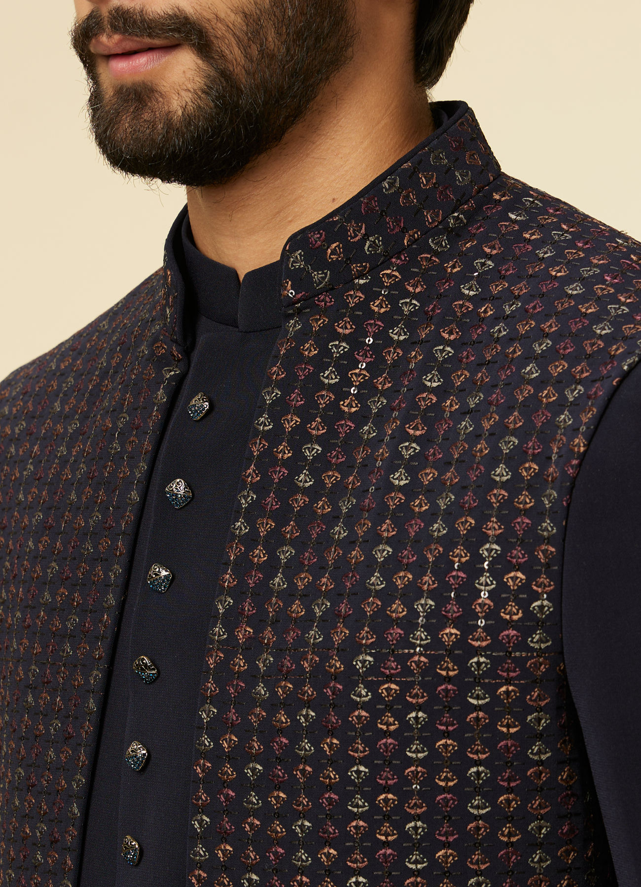 Manyavar Men Dark Blue Self Patterned Indo Western Set