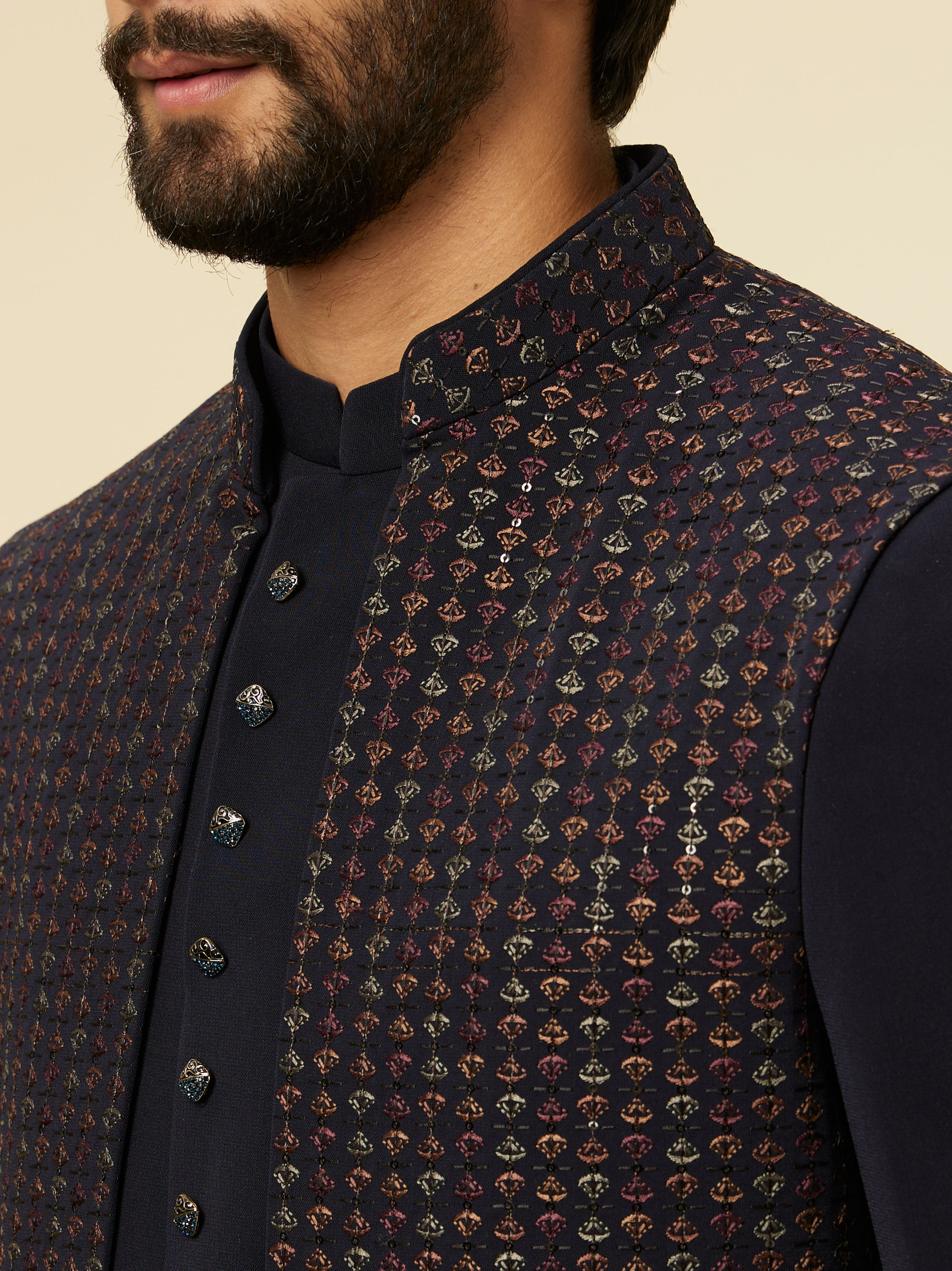 Manyavar Men Dark Blue Self Patterned Indo Western Set