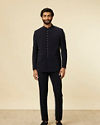 Manyavar Men Dark Blue Self Patterned Indo Western Set