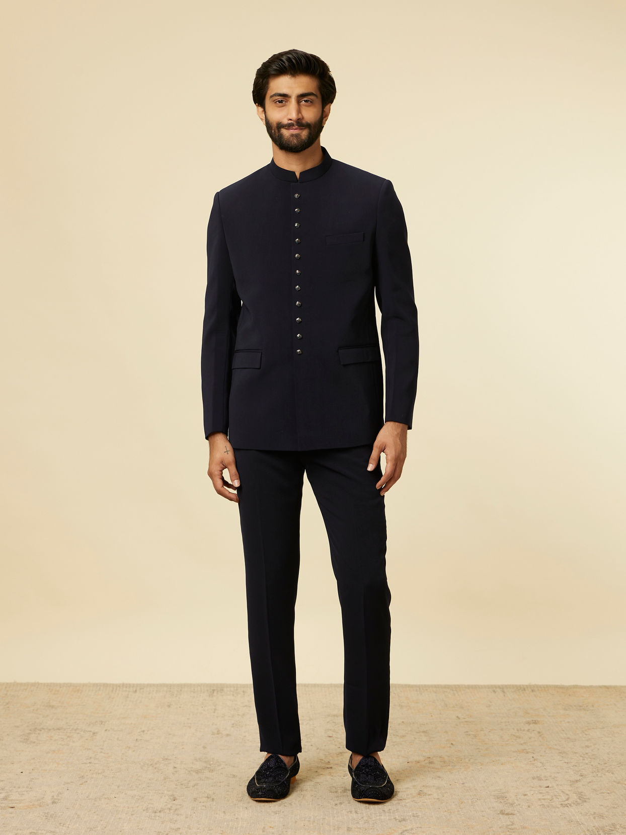 Manyavar Men Dark Blue Self Patterned Indo Western Set