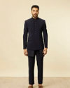 Manyavar Men Dark Blue Self Patterned Indo Western Set