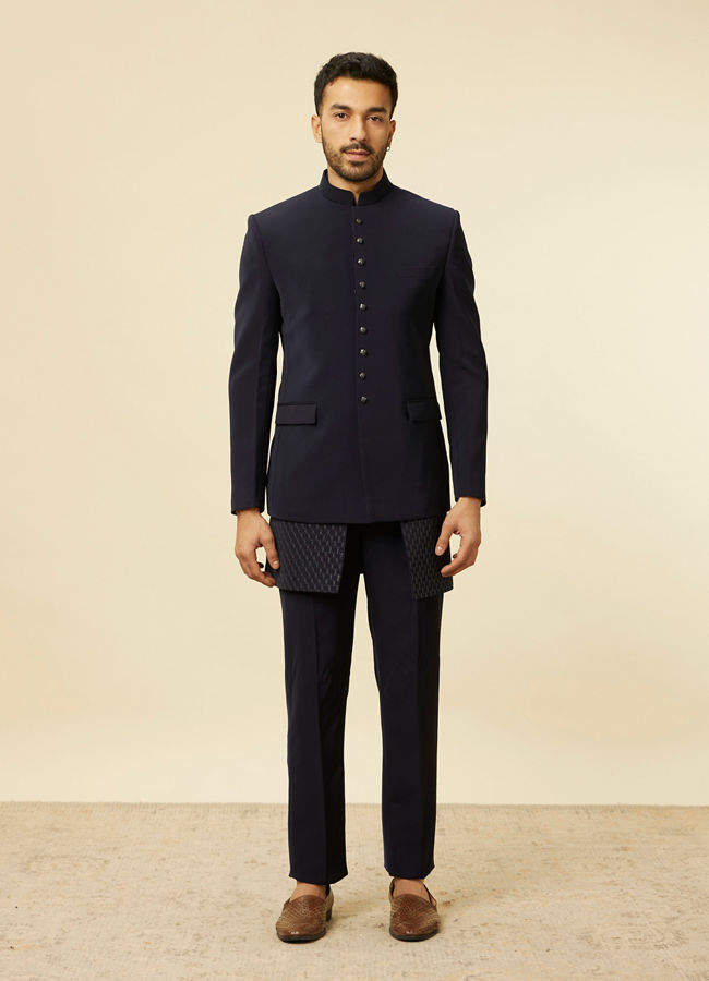 Manyavar Men Dark Blue Self Patterned Indo Western Set