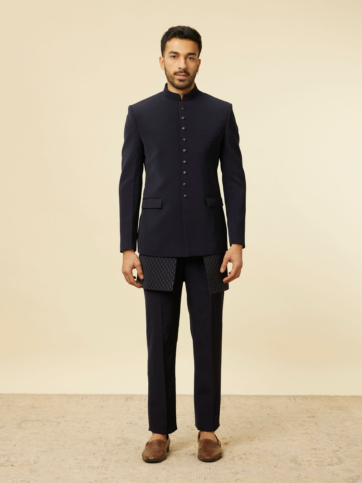 Manyavar Men Dark Blue Self Patterned Indo Western Set