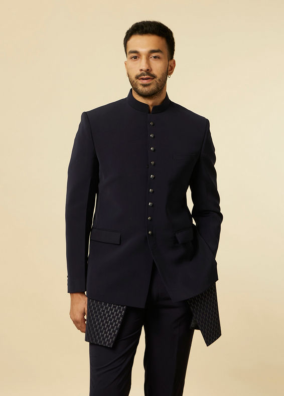 Manyavar Men Dark Blue Self Patterned Indo Western Set