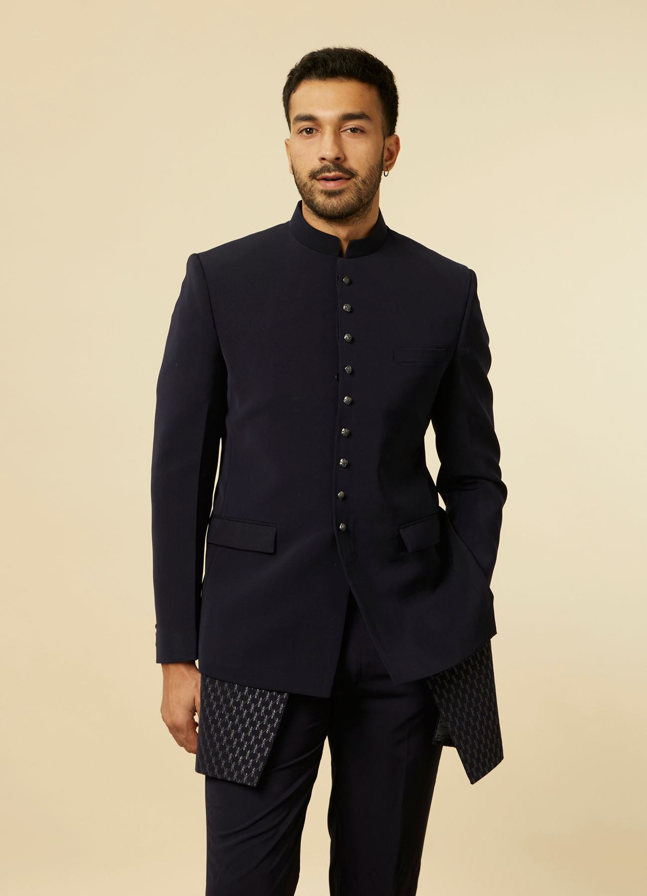 Manyavar Men Dark Blue Self Patterned Indo Western Set