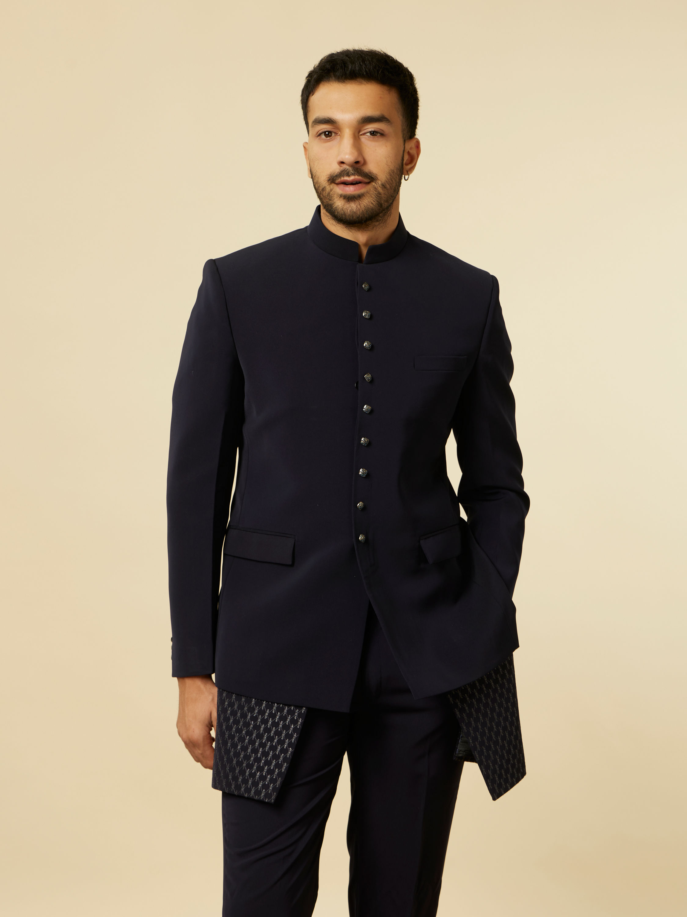 Manyavar Men Dark Blue Self Patterned Indo Western Set