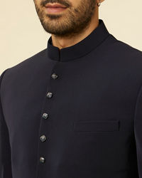 Manyavar Men Dark Blue Self Patterned Indo Western Set