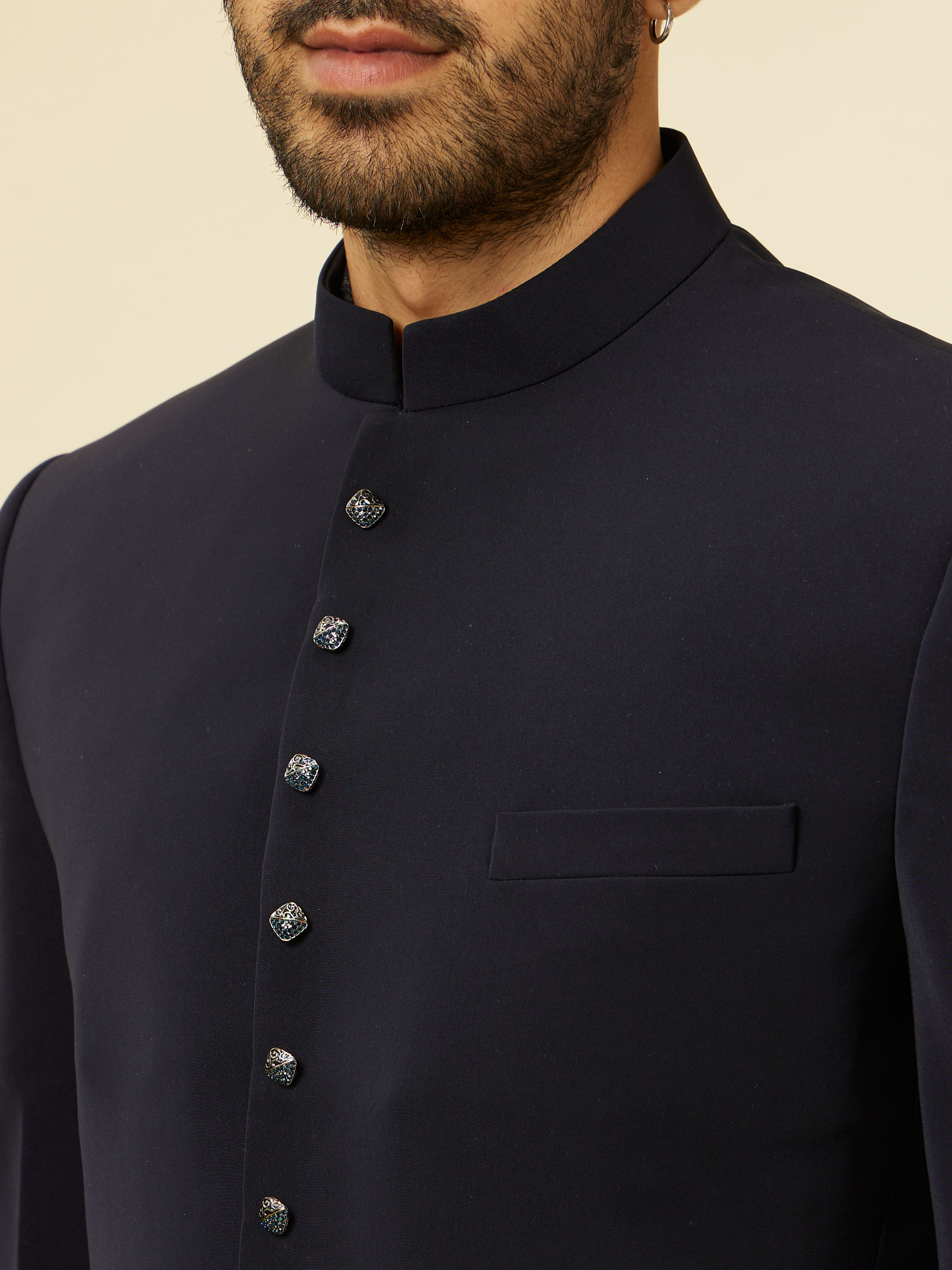 Manyavar Men Dark Blue Self Patterned Indo Western Set