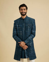 Manyavar Men Elegant Teal Blue Georgette Indo Western