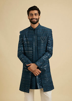 Manyavar Men Elegant Teal Blue Georgette Indo Western