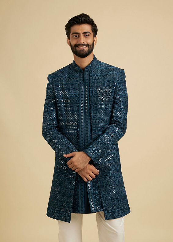 Manyavar Men Elegant Teal Blue Georgette Indo Western