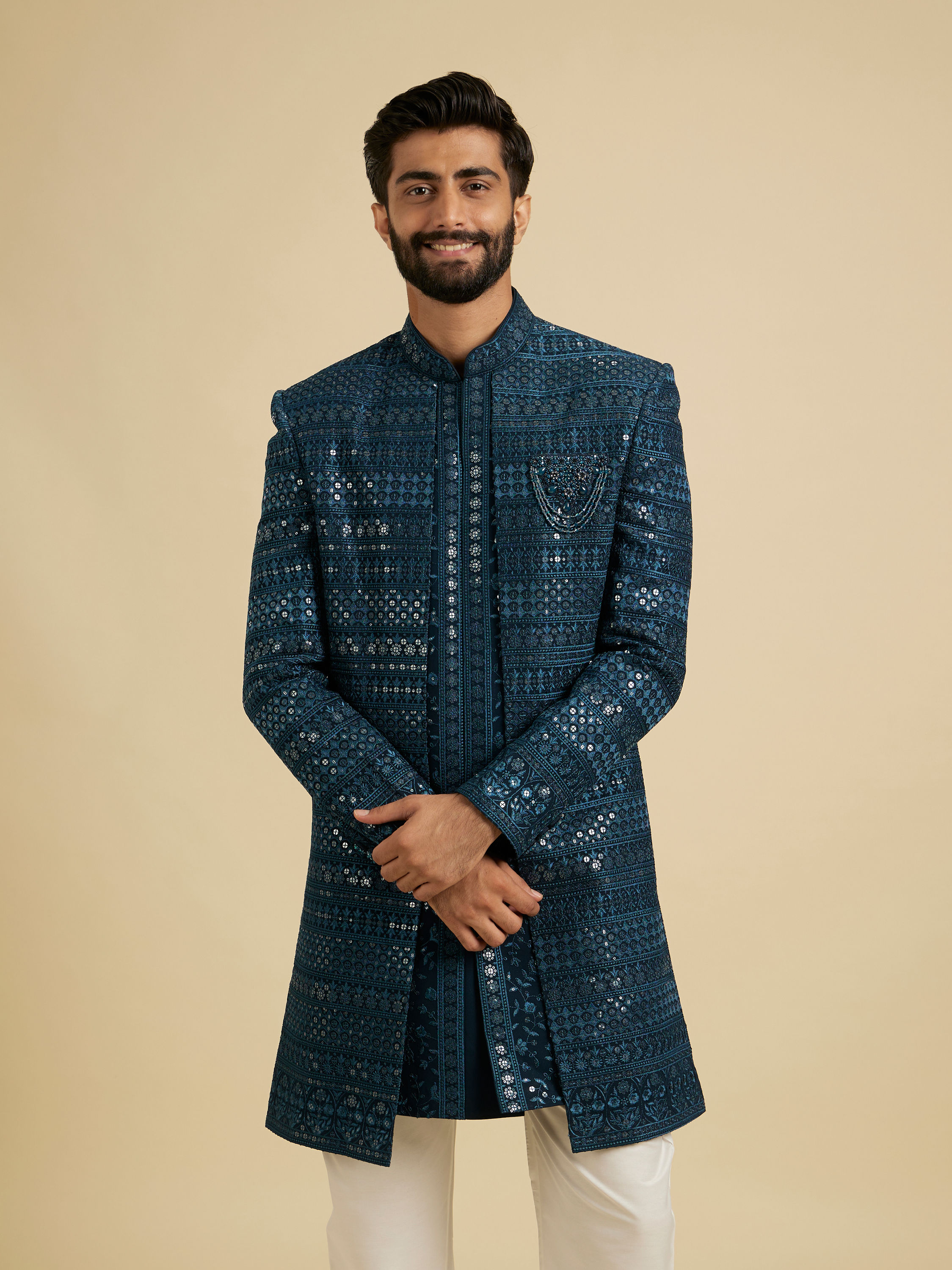 Manyavar Men Elegant Teal Blue Georgette Indo Western