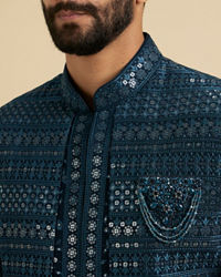 Manyavar Men Elegant Teal Blue Georgette Indo Western