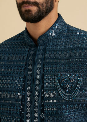 Manyavar Men Elegant Teal Blue Georgette Indo Western