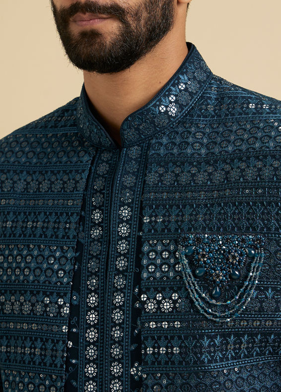Manyavar Men Elegant Teal Blue Georgette Indo Western