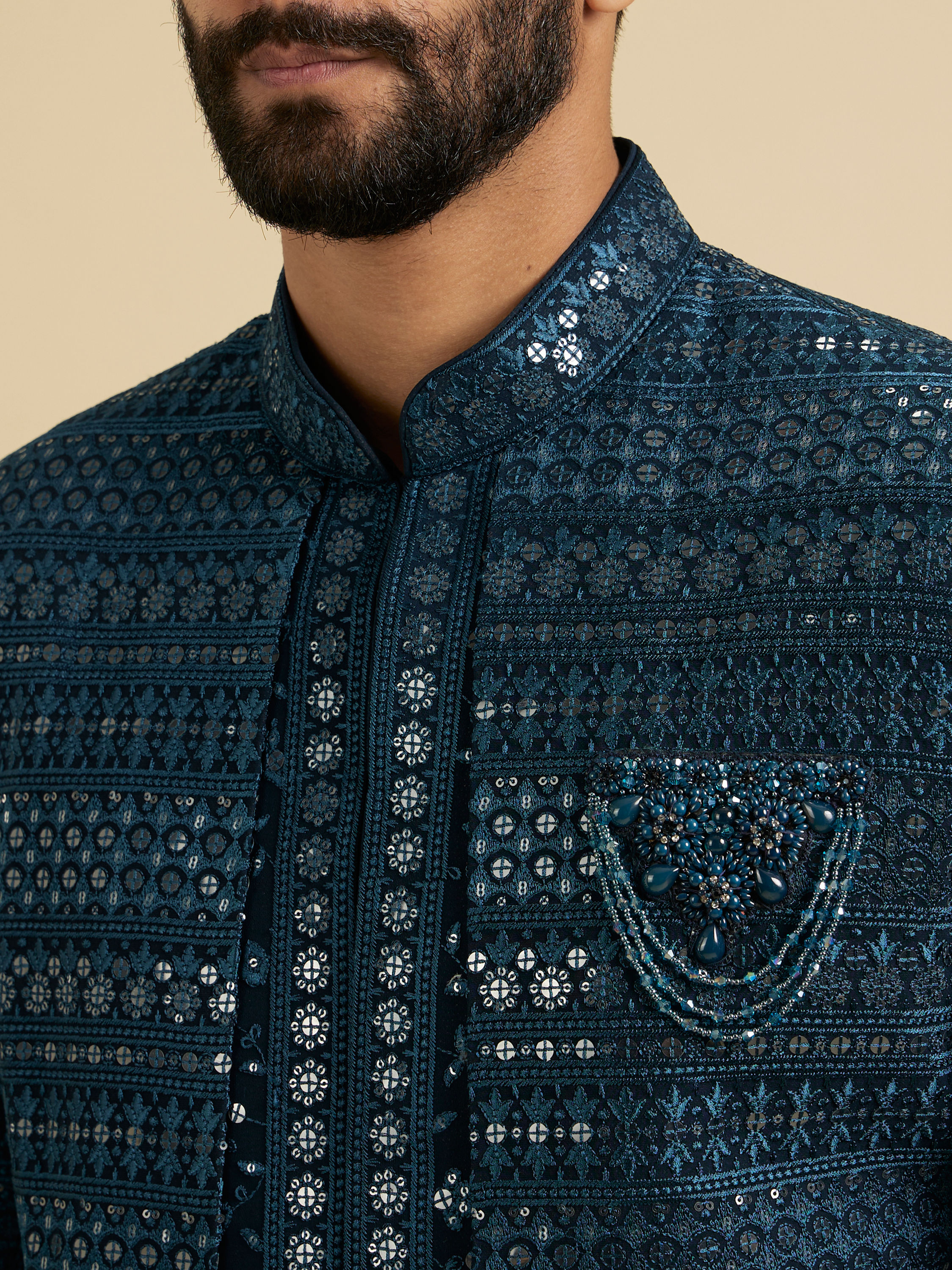 Manyavar Men Elegant Teal Blue Georgette Indo Western
